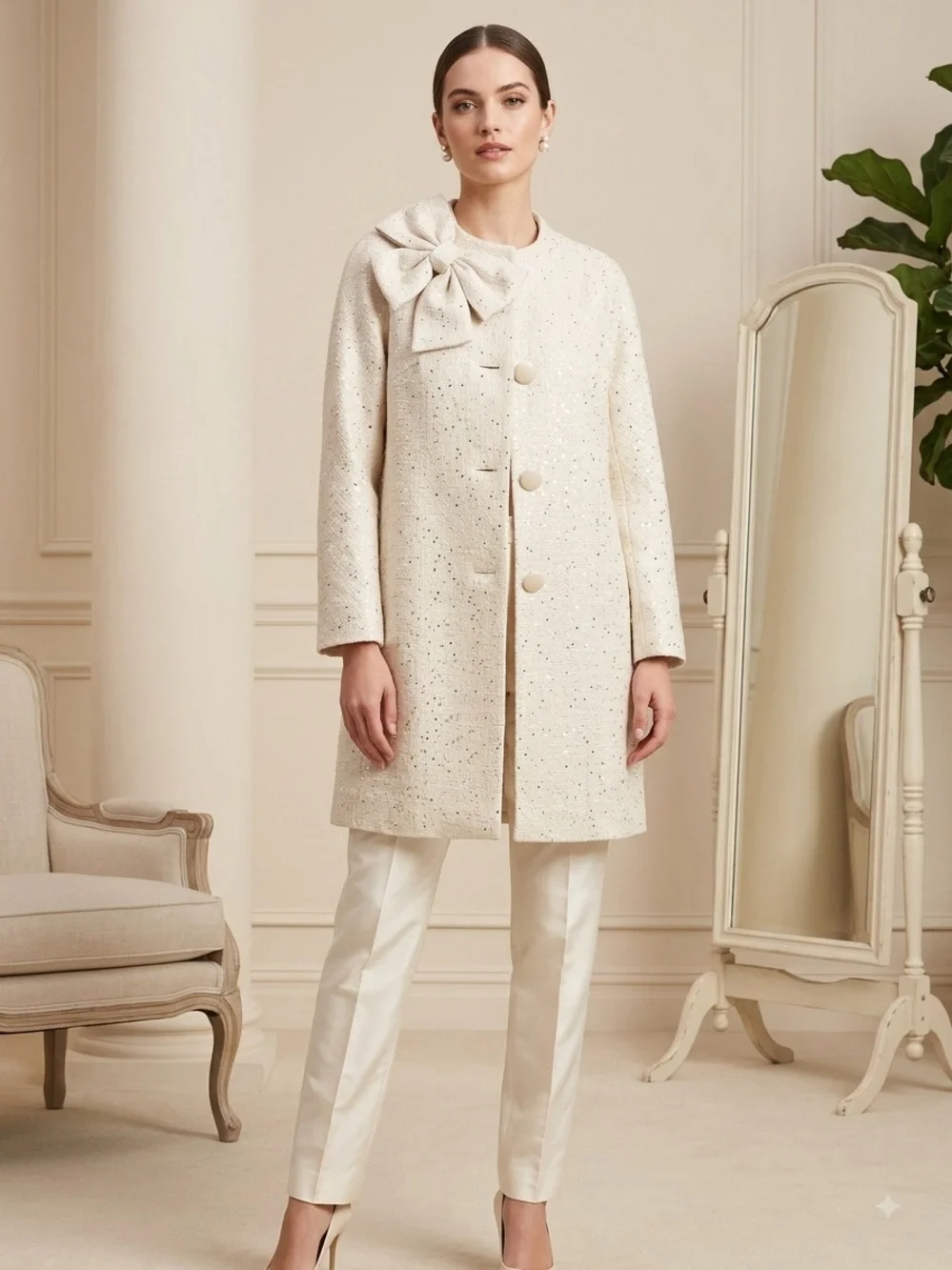 kate spade Cream Bow-Accent Wool-Blend Pea Coat